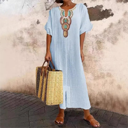 Embroidered Fashion O-Neck Short Sleeve Women Dresses Summer New Casual Unique Slit Dress Elegant Female Vacation Dress Robe