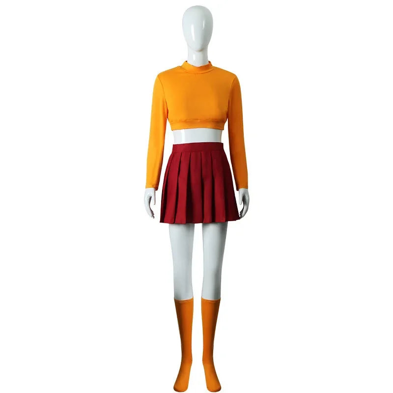 Halloween Velma Cosplay Costume Orange Short Skirt Uniform Women Orange Socks Top Skirt Halloween Party Carnival Set