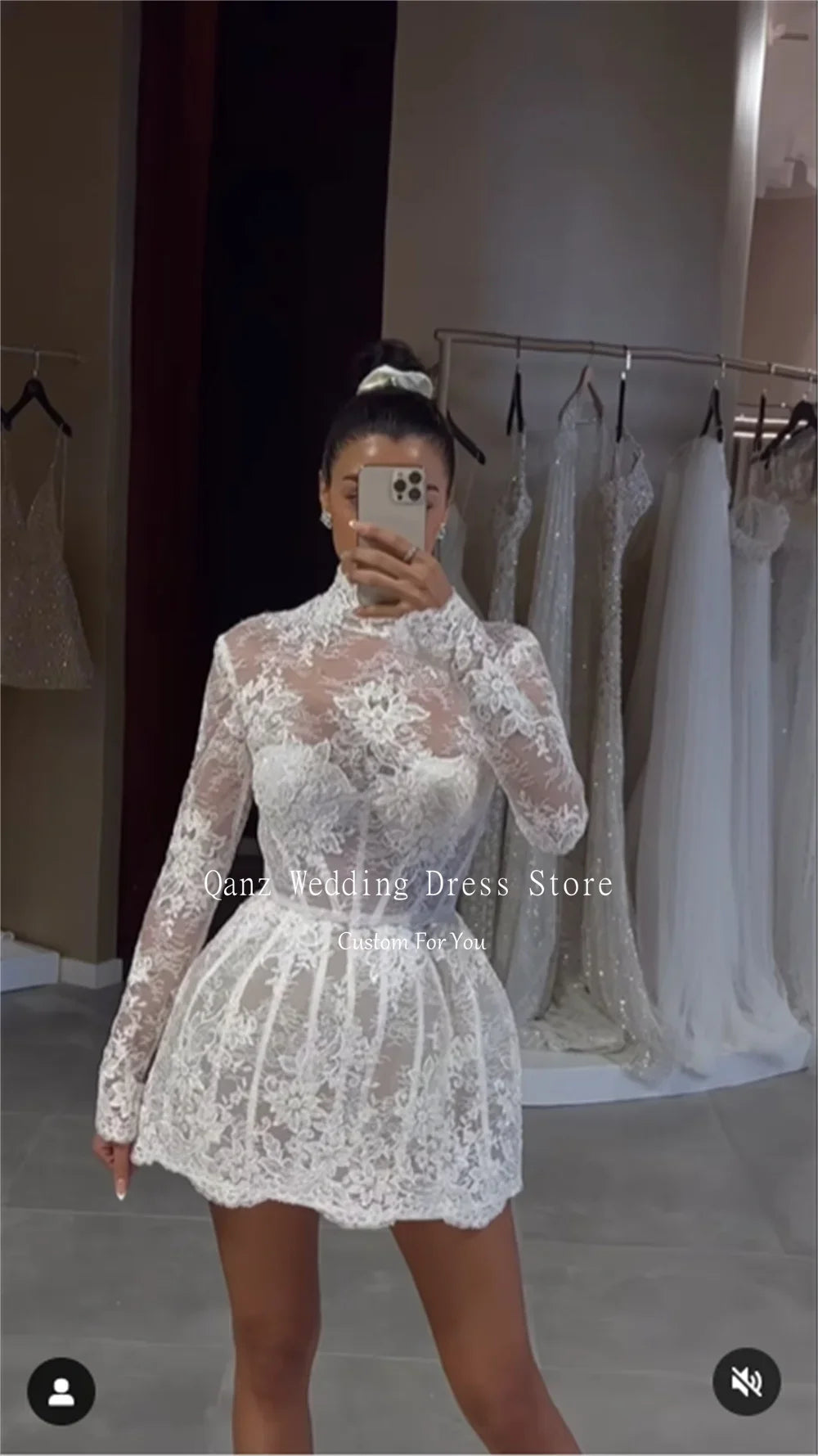 Qanz Chic dentelle robe De mariée courte col haut manches longues robe De soirée De mariage femmes sirène dos nu Vestido De Novia personnalisé