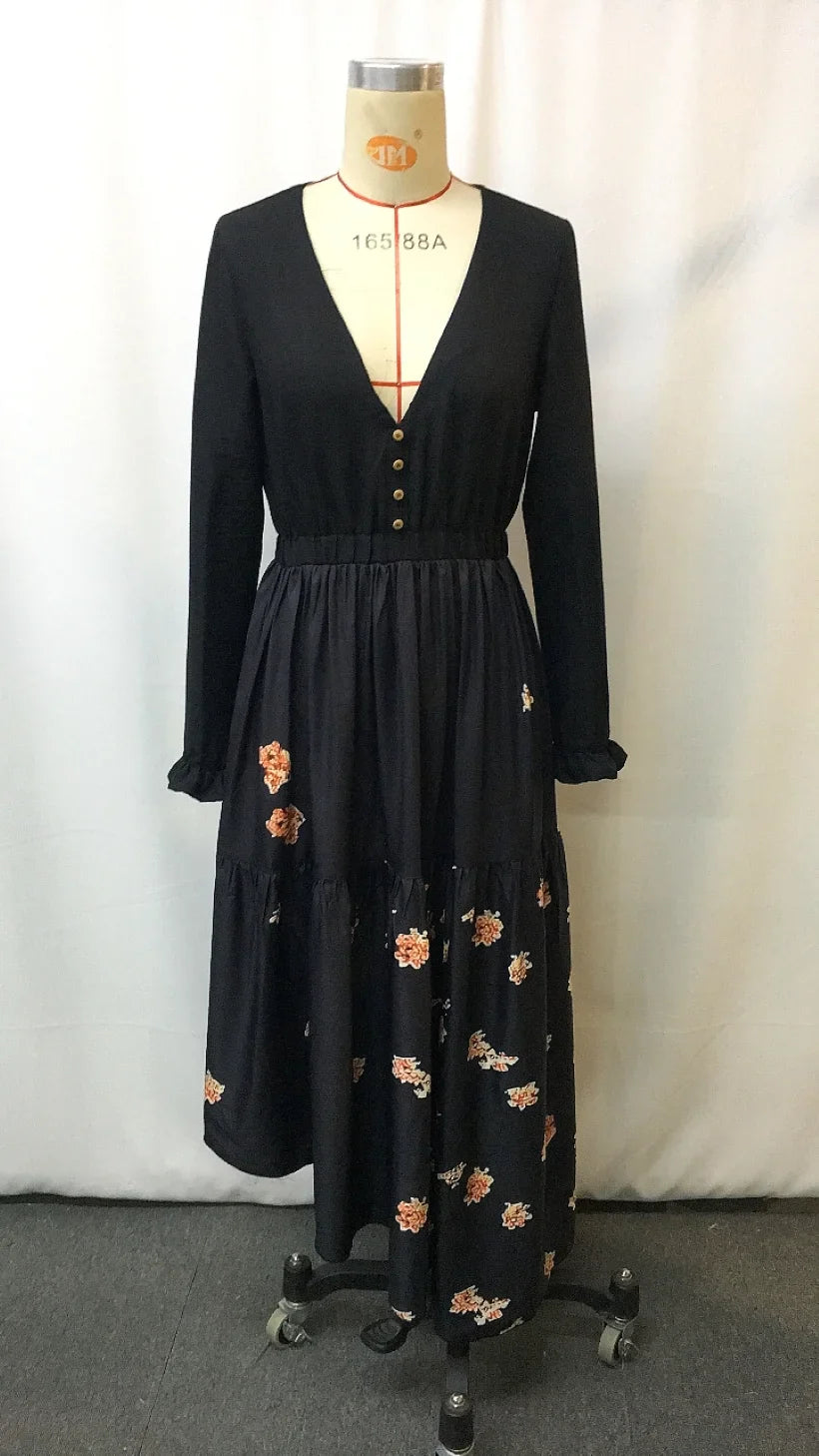 Robe vintage florale Western Cowgirl 2025 – Robe de soirée bohème chic à lacets à imprimé ethnique pour femme avec ourlet à volants et manches bouffantes