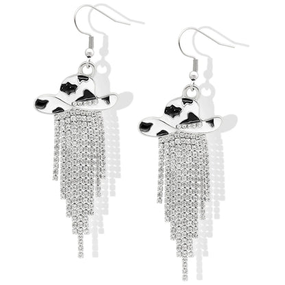 Boucles d'oreilles pendantes de cowgirl de l'Ouest, Chapeau en émail, Pendentif à pompon strass scintillant, Bijoux pour femmes pour bal, concerts country, rodéo, cow-boy