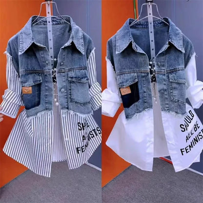 Blouson en jean pour femme Faux deux chemises en jean 2025 Nouvelle collection printemps été automne Décontracté Mode Joker Couture Rayé Hauts Manteau Femme