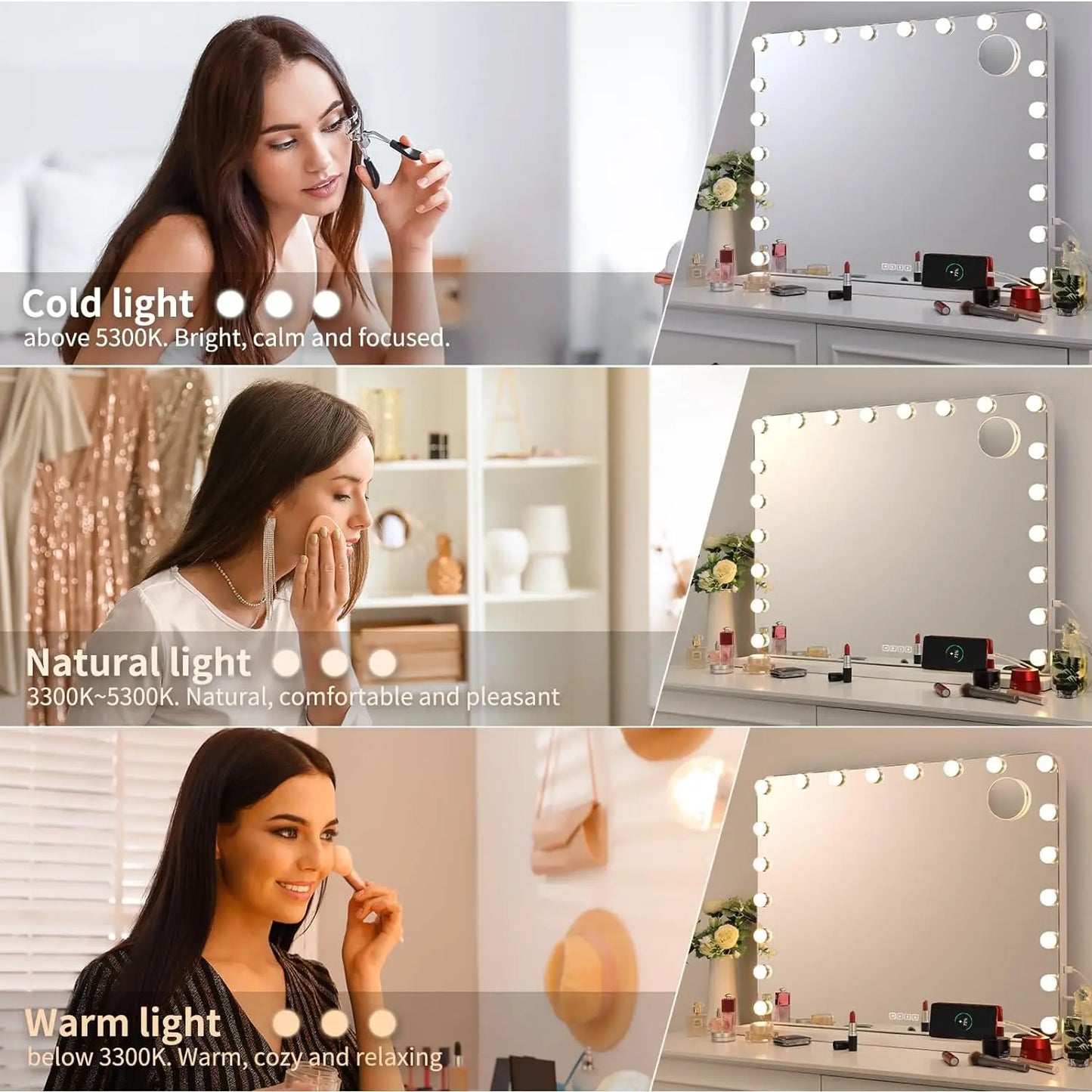 Miroir de maquillage Hollywood avec éclairage 20 LED, lecteur Bluetooth, grand miroir cosmétique 80x60 cm avec 3 variateurs lumineux, USB, tactile