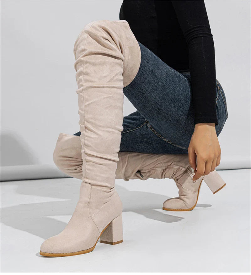 Bottes Noires Marron Cuissardes Liyke 2025 Automne Hiver Femme Sexy Bout Pointu Fermeture Éclair Chaussures Hautes Talon Carré Bottines Femme