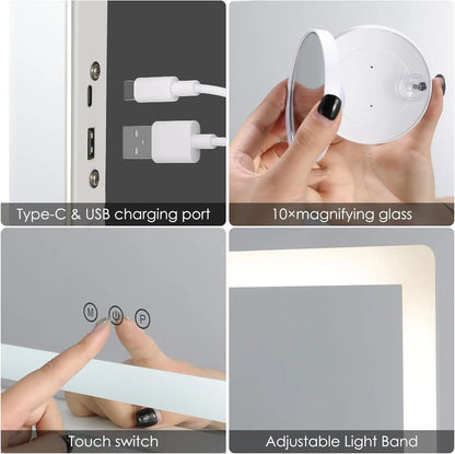 Miroir de maquillage avec éclairage LED 80x60 cm, grand miroir de la Confédération avec USB et type C, loupe 10x, indicateur de température 3 couleurs