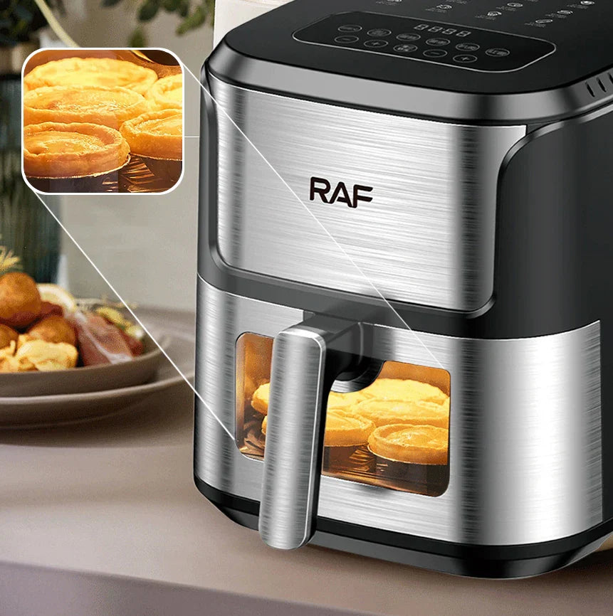 Friteuse à air chaud 5L, four électrique avec commandes tactiles, panier antiadhésif et hublot, idéal pour la cuisine et la famille.