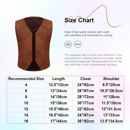 Gilet de Cowboy Western Wild West pour Garçons, Costume de Cosplay Hippie, Décor Frangé sur l'Ourlet, Gilet Ouvert sur le Devant avec Bandana et Chapeau en Feutre à Cordon de Serrage