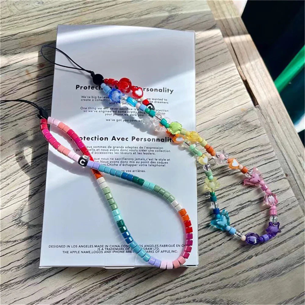 Korean Cute Heart Beaded Phone Charm Strap Chain Lanyard Women Girl Jewelry Butterfly Phone Beads Pendant Decoration Wholesale