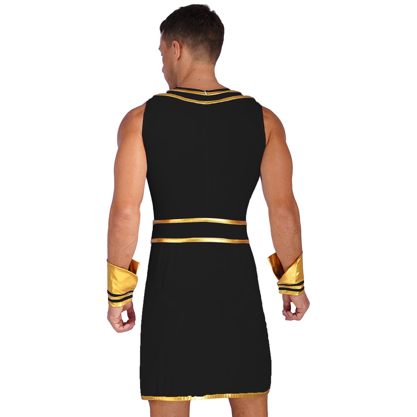 Mens Ancient Egypt Costume Adults Halloween Masquerade Cosplay Carnival Party Dress Sleeveless Themed Roleplay Dress with Cuffs