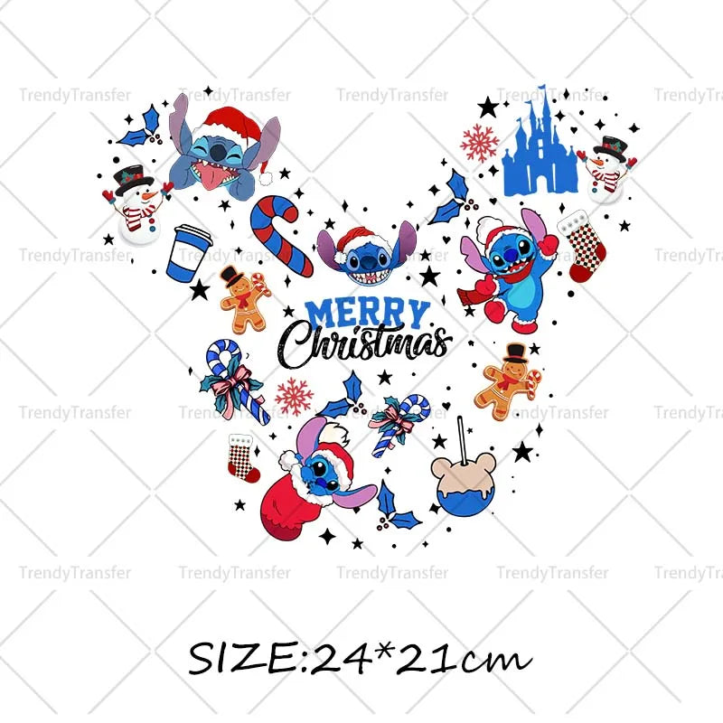 Autocollants thermocollants de Noël Lilo et Stitch pour vêtements, impressions thermiques, décalcomanies pour T-shirts