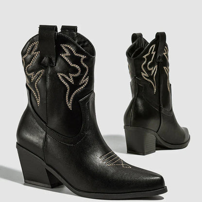 Aneikeh Autumn Winter Vintage Embroidered Large Western Cowboy Boots New Style Coarse Heel Pointed Ankle Barrel Knight Boots