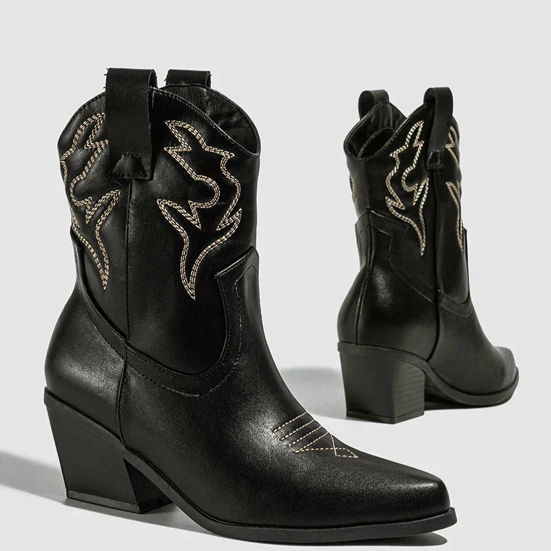 Aneikeh Autumn Winter Vintage Embroidered Large Western Cowboy Boots New Style Coarse Heel Pointed Ankle Barrel Knight Boots