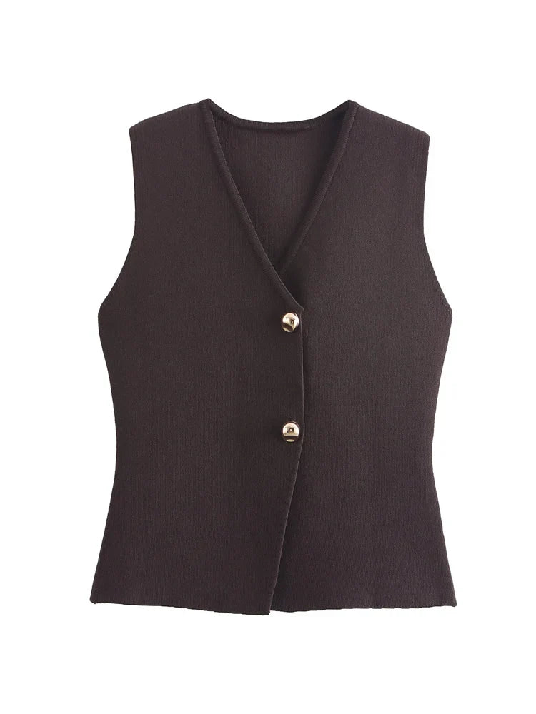 Zevity New Women Fashion V Neck Sleeveless Golden Buttons Knitted Vest Sweater Female Chic Solid Color Slim Cardigan Tops LS6273
