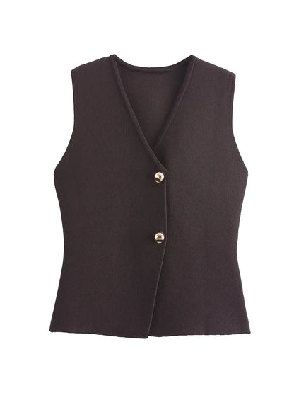 Zevity New Women Fashion V Neck Sleeveless Golden Buttons Knitted Vest Sweater Female Chic Solid Color Slim Cardigan Tops LS6273