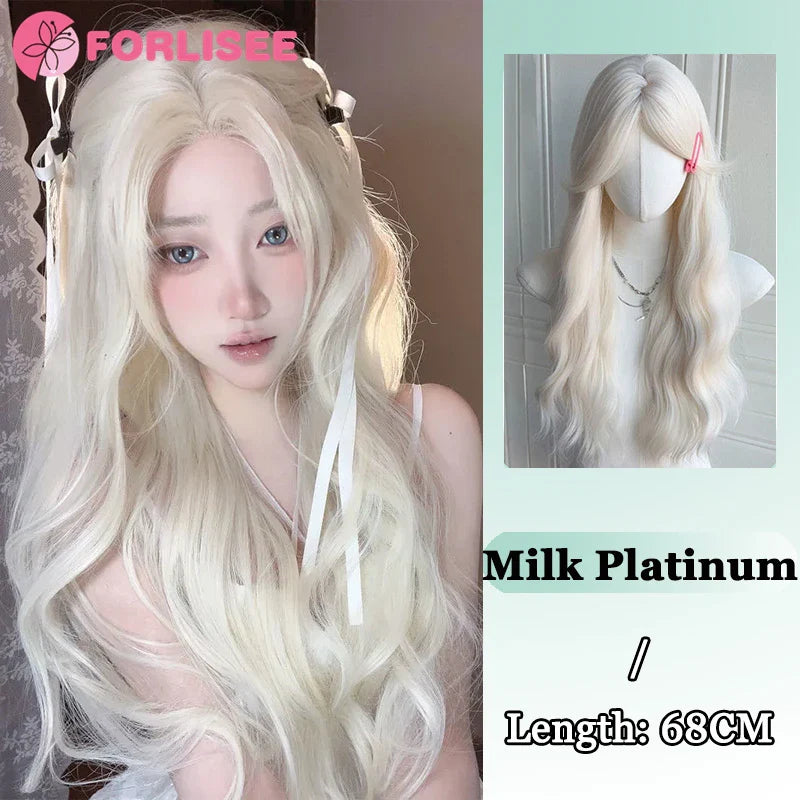 Pink Blonde Highlights Long Wavy Wig Synthetic Colorful Lolita Cosplay Hair Wigs with Bangs for Women Heat Resistant Daily Use