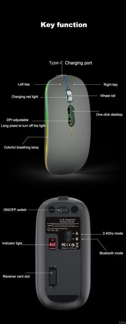 Dual Mode 2.4G Wireless Mouse One-Click Desktop Function Type-C Rechargeable Silent Backlight Mice for Laptop PC New