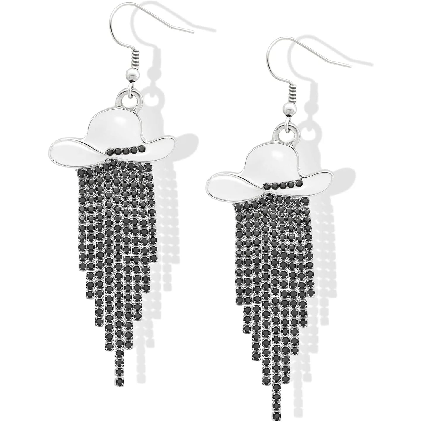 Boucles d'oreilles pendantes de cowgirl de l'Ouest, Chapeau en émail, Pendentif à pompon strass scintillant, Bijoux pour femmes pour bal, concerts country, rodéo, cow-boy