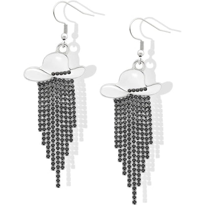 Boucles d'oreilles pendantes de cowgirl de l'Ouest, Chapeau en émail, Pendentif à pompon strass scintillant, Bijoux pour femmes pour bal, concerts country, rodéo, cow-boy