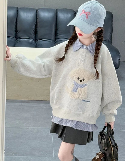 Sweat-shirt à capuche pour filles, Polo deux pièces en Faux, moyen-grand, coupe ample, haut de chiot de dessin animé, nouvelle collection printemps/automne 2025