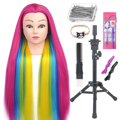 Tête de mannequin à cheveux longs synthétiques avec support de trépied de perruque réglable Modèle avec tête de mannequin Formation de coiffeur coiffant
