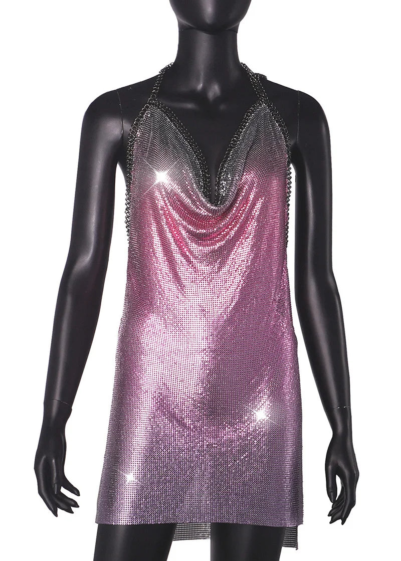 Sexy Hot Pink Glitter Sequin Party Dresses Bling Aluminum Chainmail Dress Backless Halter V Neck Side Slit Metal Party Outfit