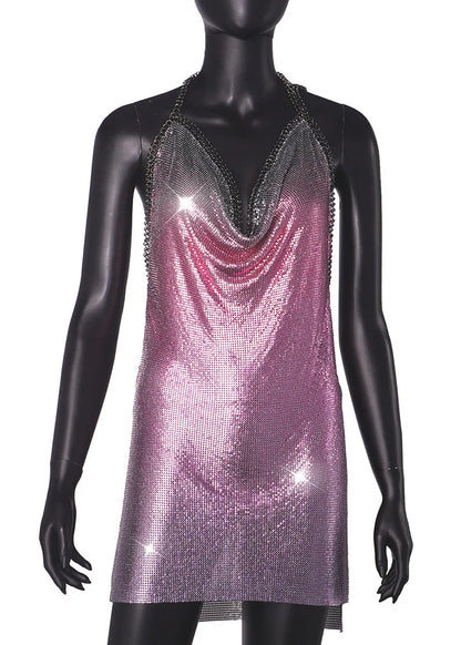 Sexy Hot Pink Glitter Sequin Party Dresses Bling Aluminum Chainmail Dress Backless Halter V Neck Side Slit Metal Party Outfit