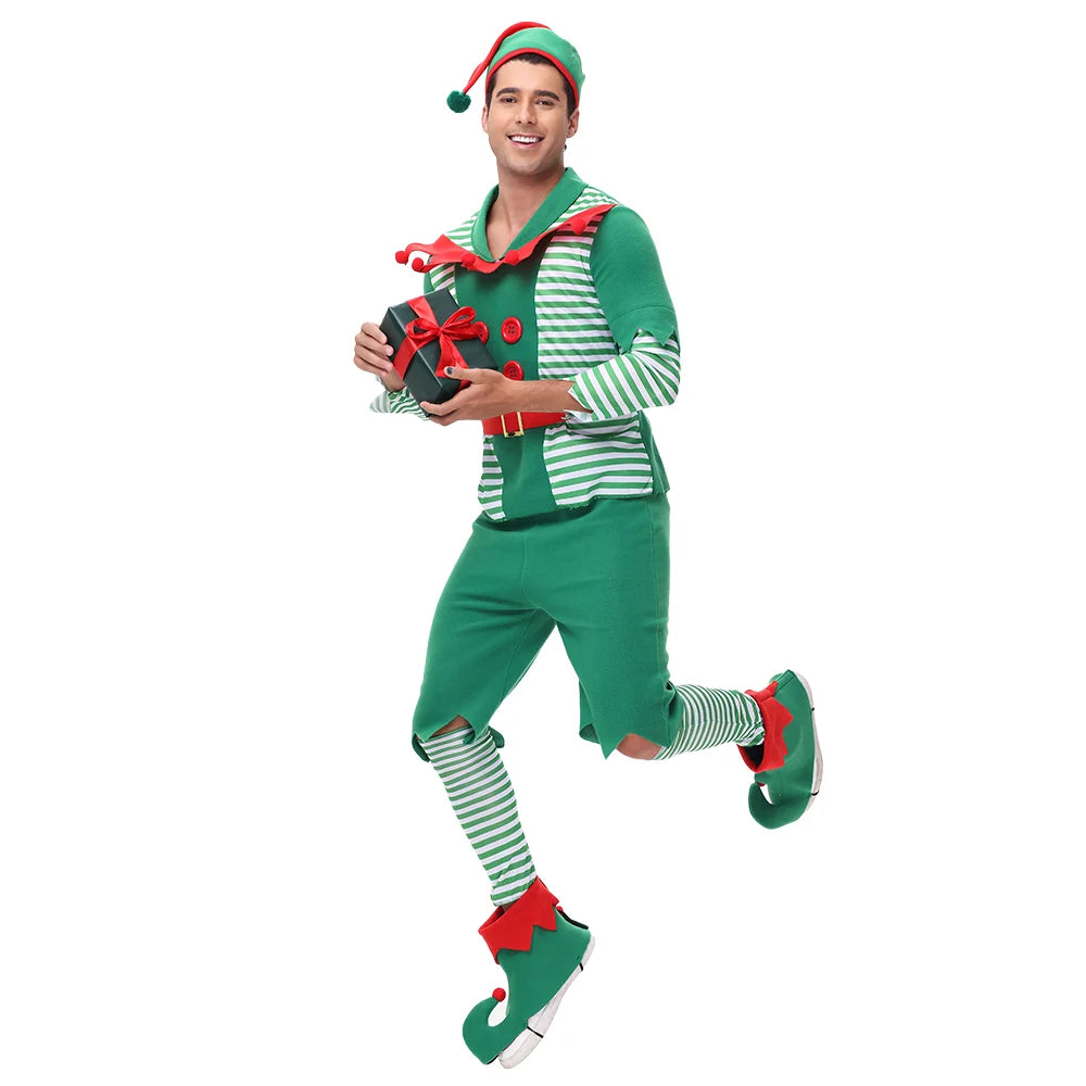 VIP FASHION Men Christmas Elf Costume with Hat Stockings Shoe Covers Belt Fancy Xmas Party Dress Up Outfit Male Festival Clothes