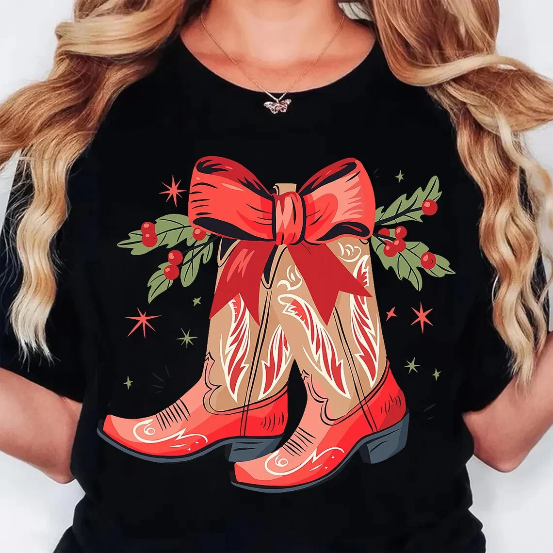 Bottes chemises de noël Western Cowgirl vacances t-shirt décontracté à manches courtes haut vêtements pour femmes dessin animé Streetwear Y2k vêtements
