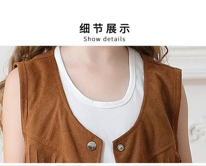 Costume de Cowboy pour filles, gilet à franges, Style bohème rétro, short en Denim occidental en velours pour filles, Costume Hippie