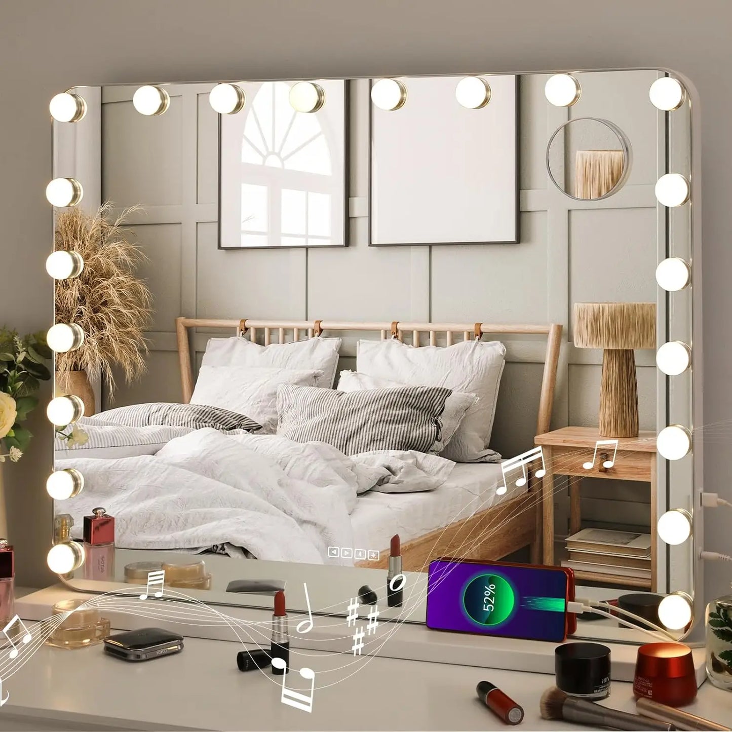 Miroir de maquillage Hollywood avec éclairage 20 LED, lecteur Bluetooth, grand miroir cosmétique 80x60 cm avec 3 variateurs lumineux, USB, tactile