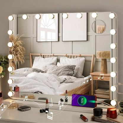 Miroir de maquillage Hollywood avec éclairage 20 LED, lecteur Bluetooth, grand miroir cosmétique 80x60 cm avec 3 variateurs lumineux, USB, tactile