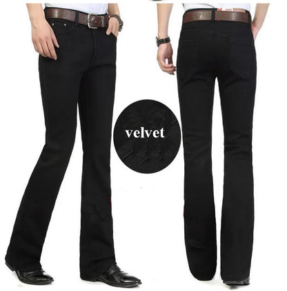 Men's Flared Jeans For Winter Thick Mid High Waist Slim Bell-bottoms Pants Elastic Fared Denim Trousers Size 26-40