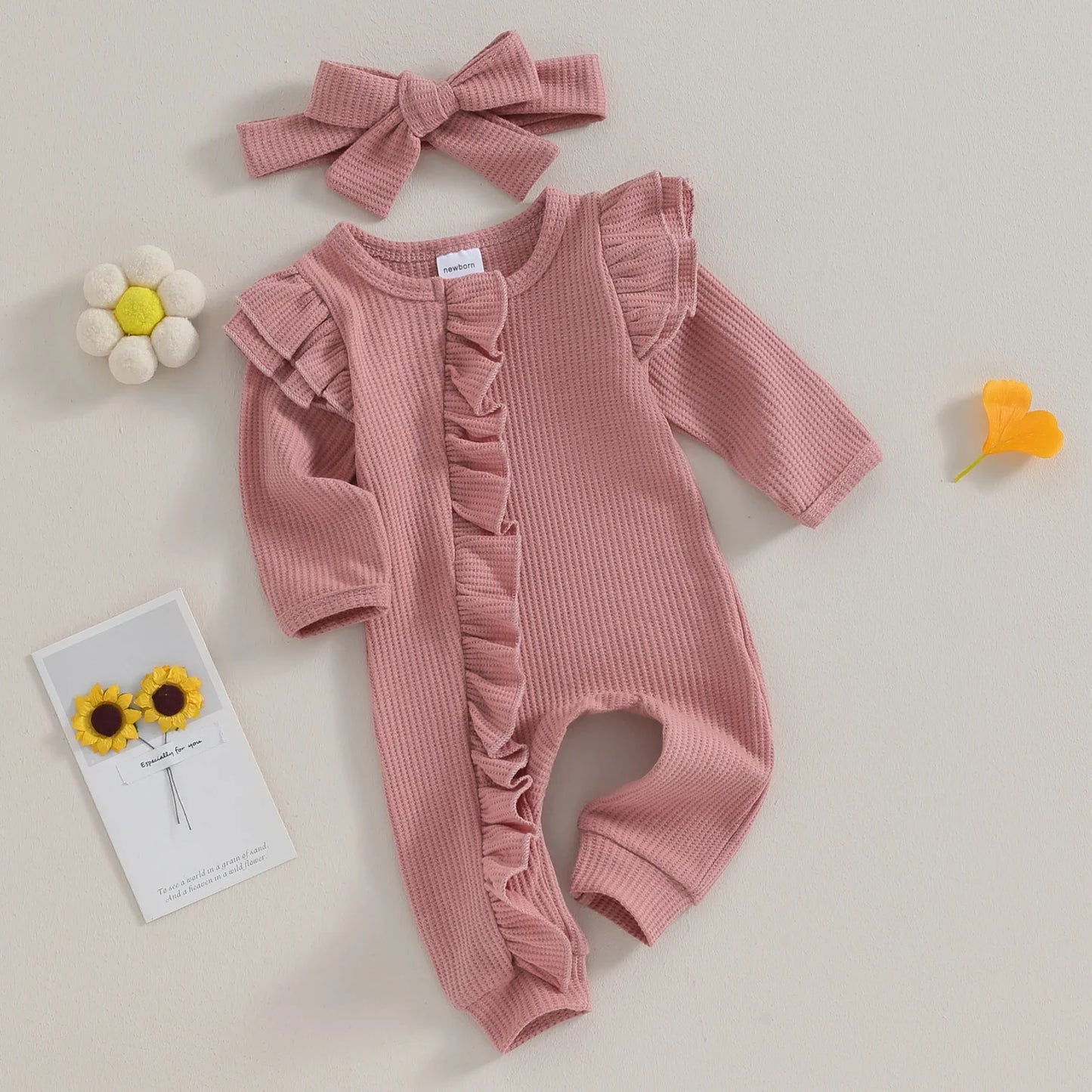FOCUSNORM 0-12M Autumn Infant Baby Girls Boys Jumpsuit 2pcs Solid Color Round Neck Ruffles Long Flying Sleeve Zipper Jumpsuits