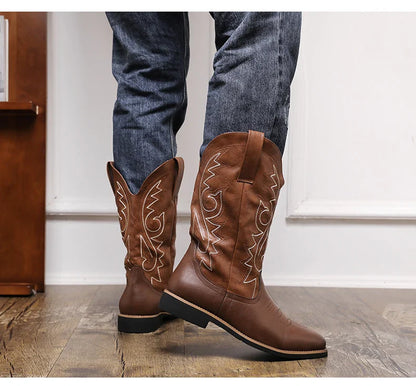 Men Boot 2024 Mid Calf Western Cowboy Motorcycle Boots Male Autumn Outdoor PU Leather Totem Med Heel Fashion Designed Men Boots