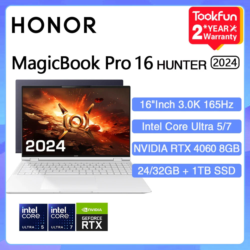 HONOR MagicBook Pro 16 HUNTER 2024 DRA-54 Gaming Laptop Intel Ultra 5/7 NVIDIA RTX 4060 1TB 16" Inch 3K 165Hz Gamer Computer PC