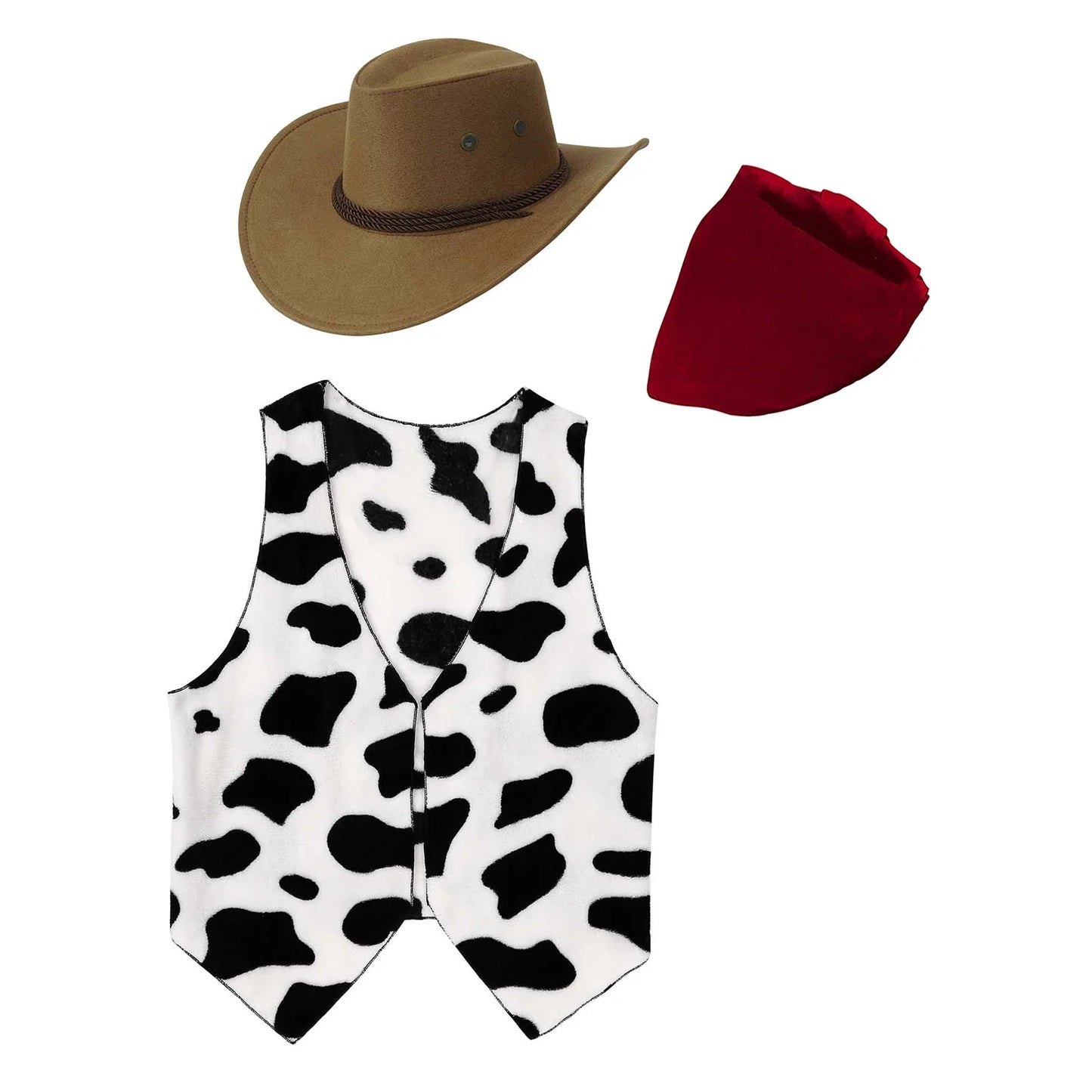 Mens Western Cowboy Cosplay Costume Suit with Hat And Print Bandanna Cow Printed Flannel Waistcoat for Halloween Carnival Party