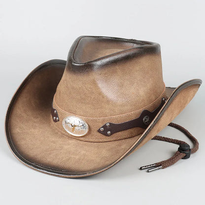 Chapeau de Cowboy occidental classique pour hommes et femmes, casquette de Cowgirl en Faux cuir noir, décontracté pour l'extérieur, Sombrero Hombre avec corde coupe-vent