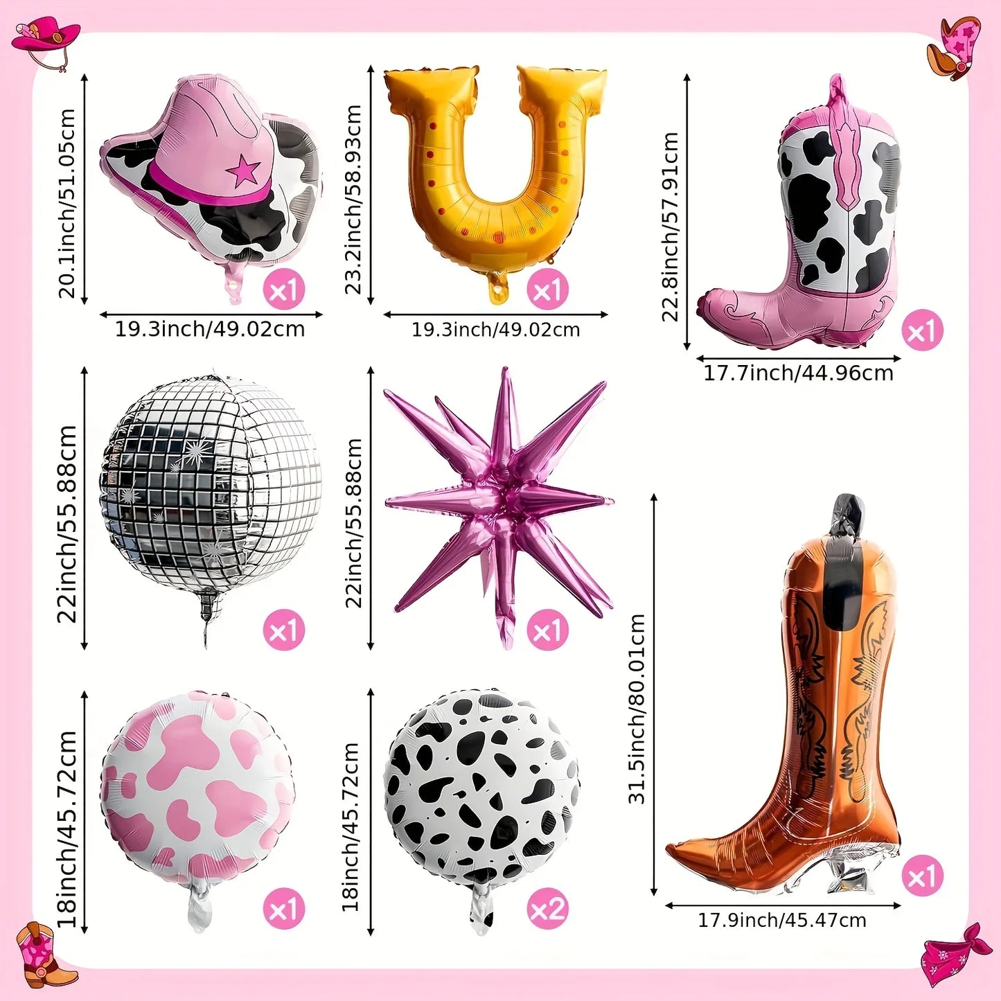 Ensemble de ballons avec chapeau et bottes de Cowgirl rose, 9 pièces, décorations de fête sur le thème occidental, ballons imprimés de vache, décorations de fête d'anniversaire