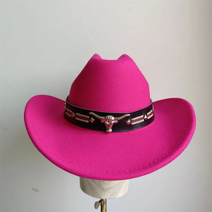 Ethnic Style Cowboy Hat Fashion Chic Unisex Solid Color Jazz Hat With Bull Shaped Decor Western Cowboy Hats