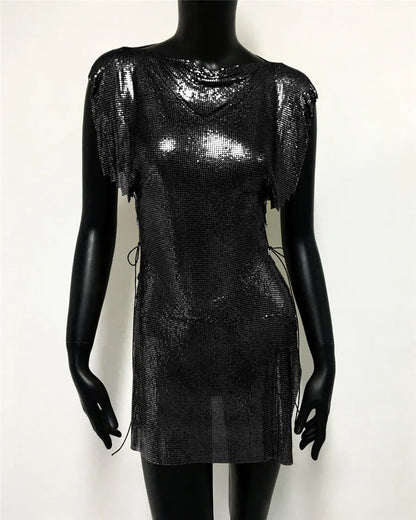 Glitter Metal Sequins Mini Dress Women Sexy Round Neck Sleeveless Side Split Bandage Dress Rave Festival Nightclub Evening Dress