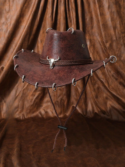 HongLuan – Chapeau de cowboy unisexe en cuir PU noir réglable, style occidental, idéal pour les voyages, avec badge tête de taureau, pour l'extérieur