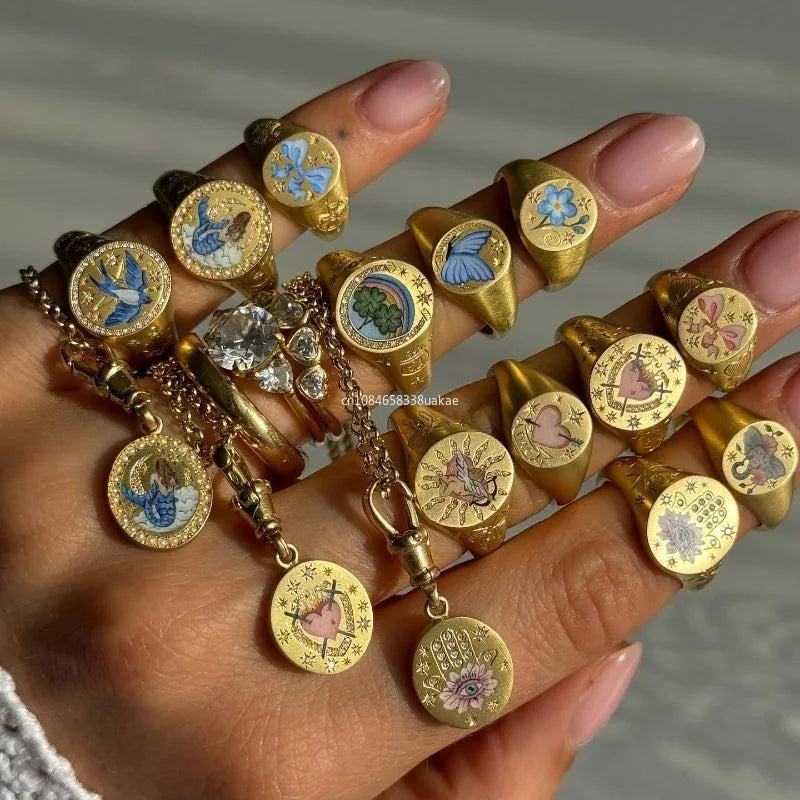 Fashionable and popular stainless steel painted ring, for Valentine's Day, Lion, Mermaid, Love, gold plated, women's jewelry, тильц®