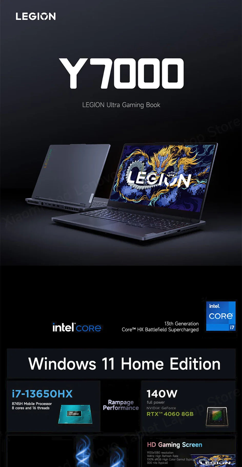 Ordinateur portable de jeu Lenovo Legion Y7000 15,6" 144Hz Intel Core i7-13650HX 24/32 Go de RAM DDR5 512 Go/1 To/2 To SSD RTX4060