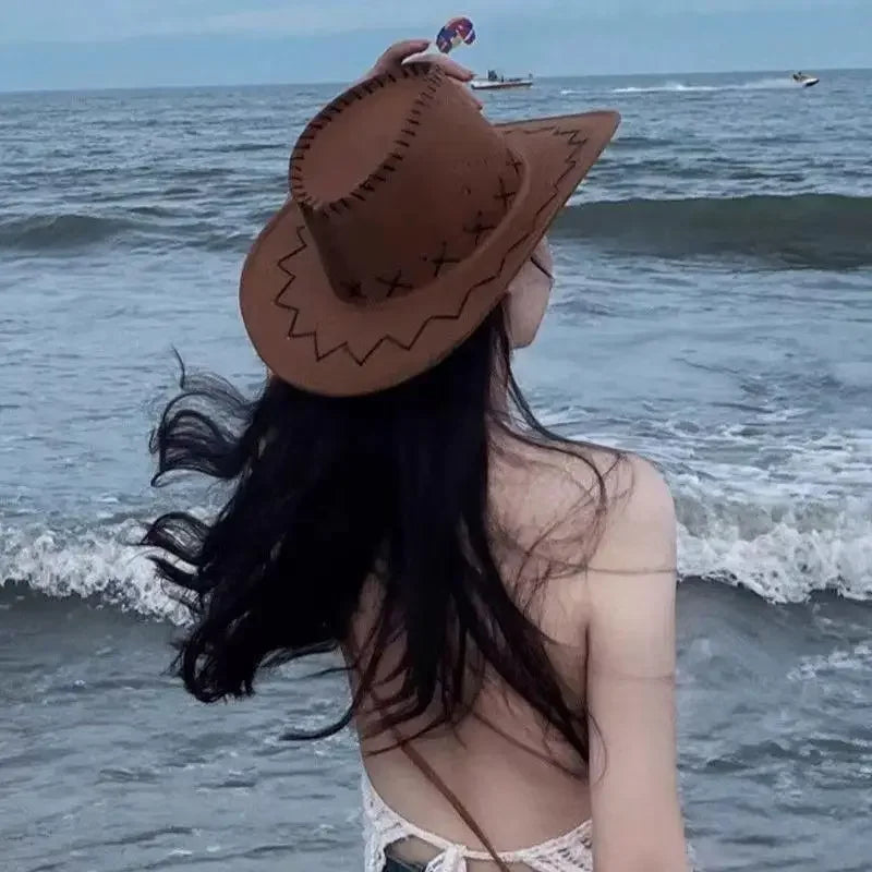 Unisex Western Suede Cowboy Hat, Fashion Cowgirl Cap for Women and Men, Fancy Dress, Party Headwear Accessory