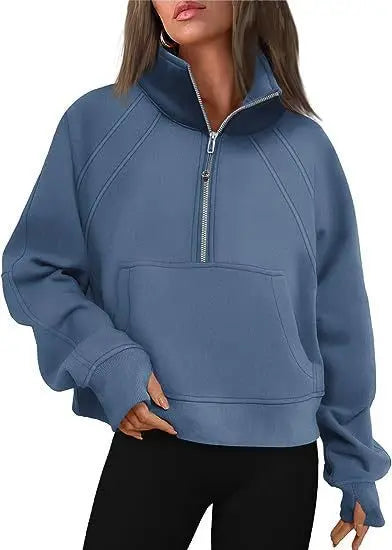 Sweat-shirt à col montant pour femme, sweat à capuche pour document solide, manches longues, poche adt, demi-fermeture éclair, pull sportif, haut streetwear, printemps, automne