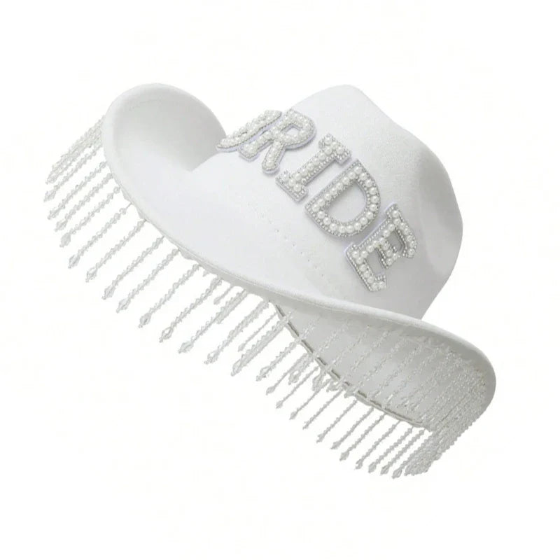 Cowgirl Hat for Bride Elegant Fringed Bead Hat Masquerade Party Letter Bride Hat Dropshipping