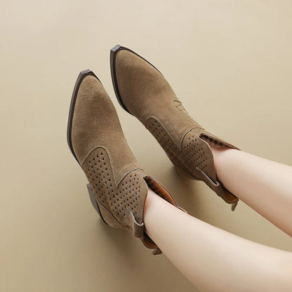 2025 Spring Autumn Chelsea Boots for Woman Cow Suede Pointy Toe Wedge Heel Ankle Boots Cutouts Comfortable Cowboy Boots Female