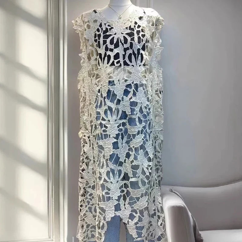 [EWQ] Chic belle Robe européenne à la mode femmes vêtements crochet à motifs découpe Robe sans manches Robe noire 2025 été nouveau