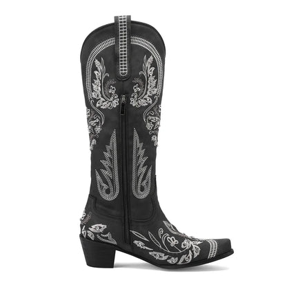 Bottes de cowboy occidentales au genou pour femmes, broderie de fleurs, biscuits, blanc, marron, rond, Parker, talons hauts, rétro, bottes longues de cowgirl