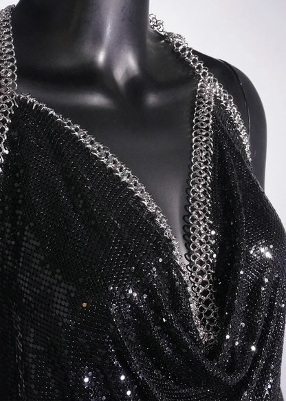 Sexy Hot Pink Glitter Sequin Party Dresses Bling Aluminum Chainmail Dress Backless Halter V Neck Side Slit Metal Party Outfit
